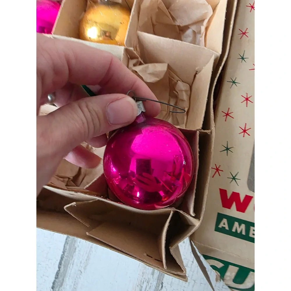 Vintage shiny Bright solid ball ornament set box Woolworth Xmas tree Pink green